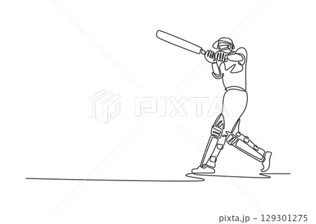Continuous one line drawing active male cricket player wearing protective gear and hitting the ball with bat on the field. Healthy fitness workout. Single line draw design vector graphic illustration Continuous one line drawing active male cricket player wearing protective gear and hitting the ball with bat on the field. Healthy fitness workout. Single line draw design vector graphic illustration 129301275