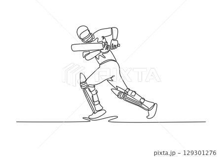 Single continuous line drawing cricket batsman in action on professional cricket stadium. Healthy fitness workout or focused player playing a fun game. One line draw graphic design vector illustration 129301276