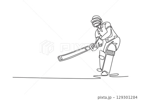 Single continuous line drawing active cricket player with gear and helmet hitting the ball with bat in stadium. Fitness training, performance or game. One line draw graphic design vector illustration 129301284