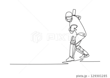 Single one line drawing front view of man cricketer hitting the ball with bat for match or competition. Fitness training, performance or game. Continuous line draw design graphic vector illustration 129301285