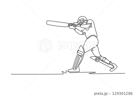 Single one line drawing side view of cricketer batsman hitting reverse sweep during match on pitch. Professional sport and exercise for fitness. Continuous line draw design graphic vector illustration Single one line drawing side view of cricketer batsman hitting reverse sweep during match on pitch. Professional sport and exercise for fitness. Continuous line draw design graphic vector illustration 129301286