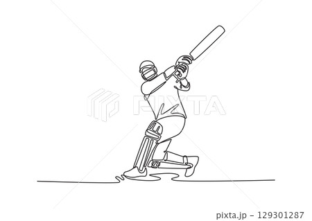 Single one line drawing man cricket athlete with sports bat hitting ball for professional match, competition. Male person with gear and helmet. Continuous line draw design graphic vector illustration 129301287
