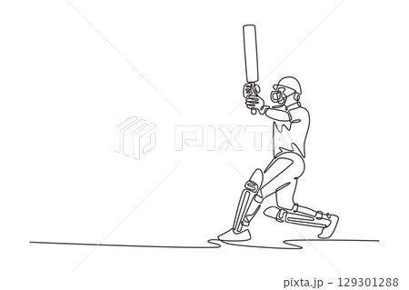 Single one line drawing attractive cricket player hitting ball with bat in professional match competition. Male athlete with gear for workout. Continuous line draw design graphic vector illustration 129301288