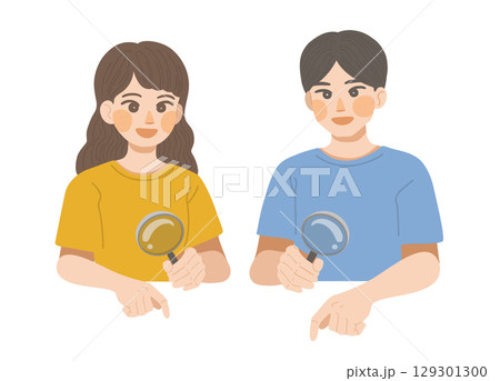 虫眼鏡で確認をする男性と女性のイラスト 129301300