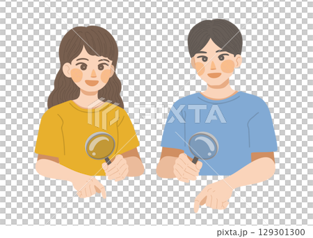 虫眼鏡で確認をする男性と女性のイラスト 129301300