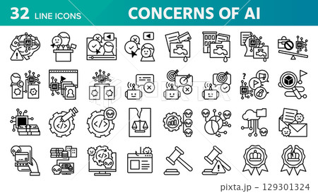 生成AIに関する懸念を表す32個のアイコンセット。 129301324