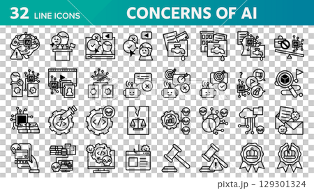 生成AIに関する懸念を表す32個のアイコンセット。 129301324