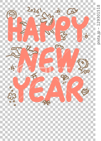 可愛的新年賀卡，上面有新年快樂、馬和 2026 年新年、鶴、松、竹、梅、毽子、鯛魚和陀螺 129301518