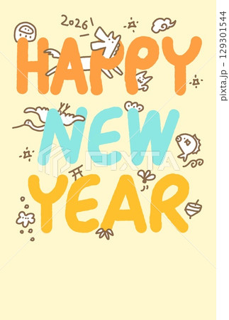 HAPPY NEW YEARと馬と正月のかわいい年賀状　2026年・鶴・松竹梅・羽根つき・鯛・独楽 129301544