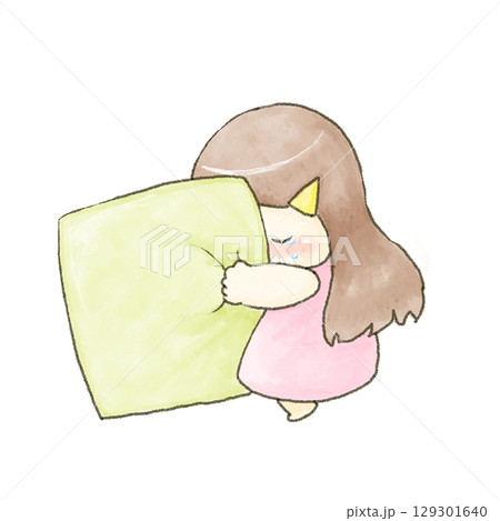 クッションに抱きついて泣く女の子のイラスト 129301640