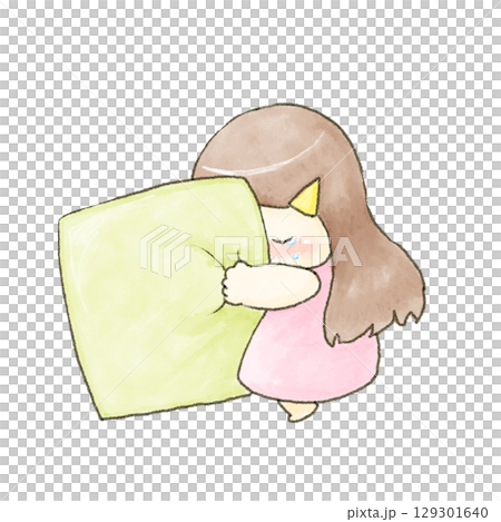 クッションに抱きついて泣く女の子のイラスト 129301640