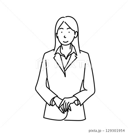 イラスト素材: 手を前に組んで立つ女性の線画ベクターイラスト 129301954