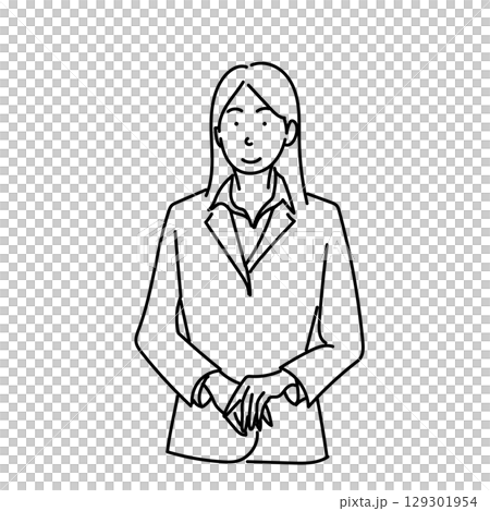 イラスト素材: 手を前に組んで立つ女性の線画ベクターイラスト 129301954
