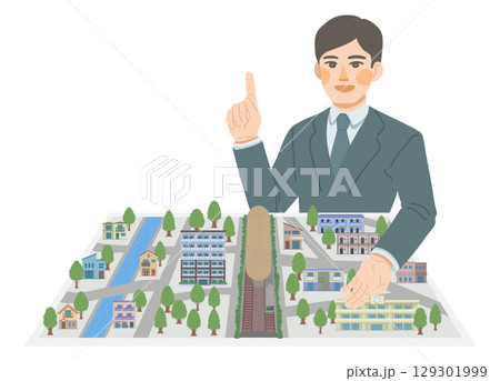 住環境の説明をする男性営業のイラスト 住環境の説明をする男性営業のイラスト 129301999