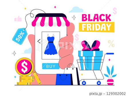 Black Friday Sale Event Vector Illustration with Shopping Paper Bags and Big Promotional Discounted Goods for Marketing in a Flat Style Background Black Friday Sale Event Vector Illustration with Shopping Paper Bags and Big Promotional Discounted Goods for Marketing in a Flat Style Background 129302002