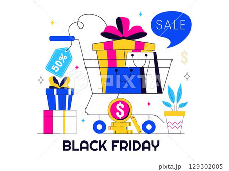Black Friday Sale Event Vector Illustration with Shopping Paper Bags and Big Promotional Discounted Goods for Marketing in a Flat Style Background Black Friday Sale Event Vector Illustration with Shopping Paper Bags and Big Promotional Discounted Goods for Marketing in a Flat Style Background 129302005