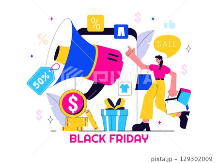 Black Friday Sale Event Vector Illustration with Shopping Paper Bags and Big Promotional Discounted Goods for Marketing in a Flat Style Background Black Friday Sale Event Vector Illustration with Shopping Paper Bags and Big Promotional Discounted Goods for Marketing in a Flat Style Background 129302009