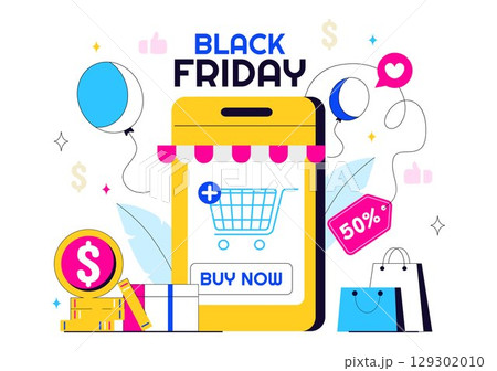 Black Friday Sale Event Vector Illustration with Shopping Paper Bags and Big Promotional Discounted Goods for Marketing in a Flat Style Background Black Friday Sale Event Vector Illustration with Shopping Paper Bags and Big Promotional Discounted Goods for Marketing in a Flat Style Background 129302010