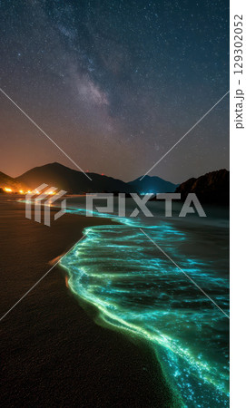 Bioluminescent wave, night beach, starry sky, mountain, tranquil, glowing water Bioluminescent wave, night beach, starry sky, mountain, tranquil, glowing water 129302052