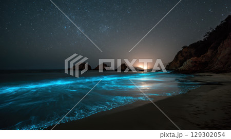Bioluminescent wave, night beach, starry sky, glowing water, tranquil, rocky coast 129302054