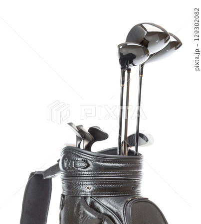 Black Leather Golf Bag with A Set of Golf Clubs Isolated on a White Background. Black Leather Golf Bag with A Set of Golf Clubs Isolated on a White Background. 129302082