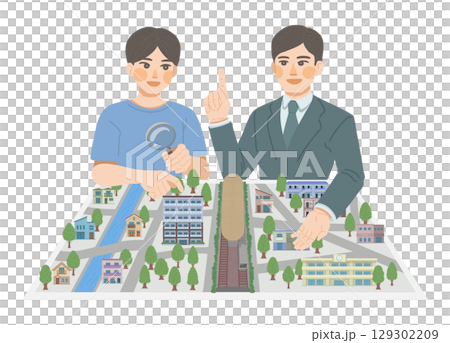 一位男銷售員講解生活條件，一位男顧客正在聽講解的插圖 129302209