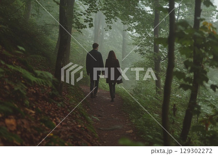 Couple Walking Hand in Hand Through a Misty Forest Path 129302272