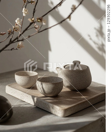 Minimalist Tea Set Ceramic Teapot and Cups on a Wooden Tray with Blossoming Branches 129302296
