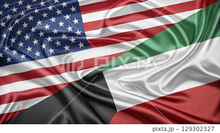American and Kuwaiti Flags Intertwined Representing International Diplomacy and Relations 129302327
