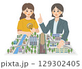 住環境の説明をする女性営業と、説明を聞く女性顧客のイラスト 129302405