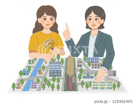 住環境の説明をする女性営業と、説明を聞く女性顧客のイラスト 住環境の説明をする女性営業と、説明を聞く女性顧客のイラスト 129302405