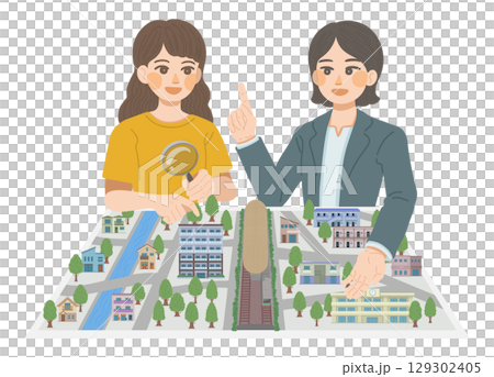 女銷售員講解居住環境，女顧客聆聽講解的插圖 129302405