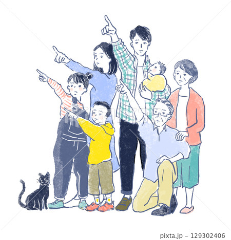 同じ方向へ指差しをする3世代家族のイラスト 同じ方向へ指差しをする3世代家族のイラスト 129302406