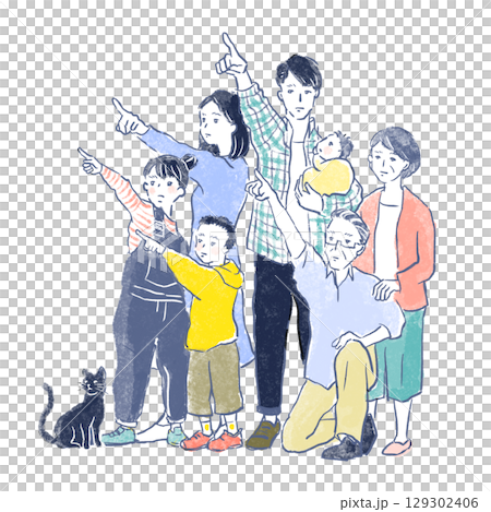 同じ方向へ指差しをする3世代家族のイラスト 同じ方向へ指差しをする3世代家族のイラスト 129302406