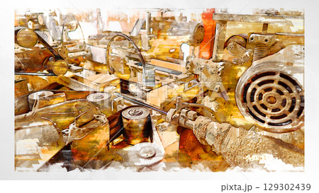 スケッチ風 スケッチ 升 伝統 工場 製作所 手作り 職人 手作業 量器 技 木 木材 加工 機械  129302439