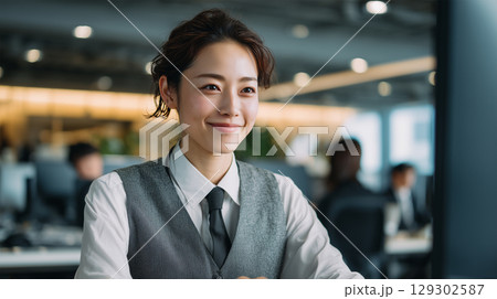 日本人女性が笑顔でPC作業する 129302587