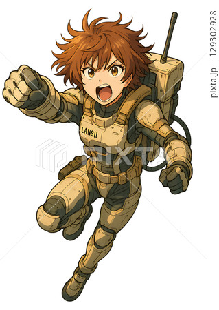 未来戦場へ飛び込む女性ソルジャー、叫びながら突撃する若き戦士、決意の表情で進撃する宇宙戦闘員 129302928