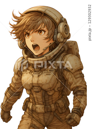 荒野に立つ宇宙服の女性兵士、緊張感あふれる未来戦闘シーン、前線で指揮を執る女性ソルジャー 荒野に立つ宇宙服の女性兵士、緊張感あふれる未来戦闘シーン、前線で指揮を執る女性ソルジャー 129302932