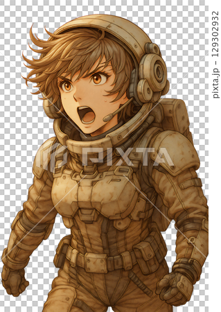 身著太空衣的女兵佇立荒野,緊張的未來主義戰鬥場景,前線指揮的女兵 身著太空衣的女兵佇立荒野,緊張的未來主義戰鬥場景,前線指揮的女兵 129302932