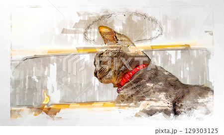 スケッチ風 猫 ネコ ねこ キジトラ グレー 雌 メス 雌ねこ 雌ネコ 元気 かわいい 癒し 129303125