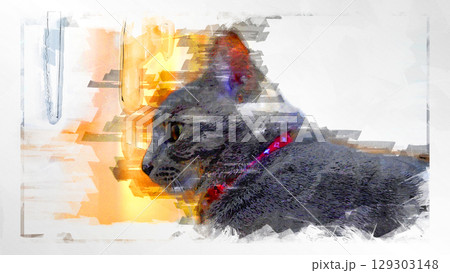 スケッチ風 猫 ネコ ねこ キジトラ グレー 雌 メス 雌ねこ 雌ネコ 元気 かわいい 癒し 129303148