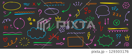 Line arrow icon element set. Hand drawn sketch star, heart marker pen stroke circle, scribble highlight underline elements. Colorful brush emphasis pencil swoosh, flower set. Vector 129303176