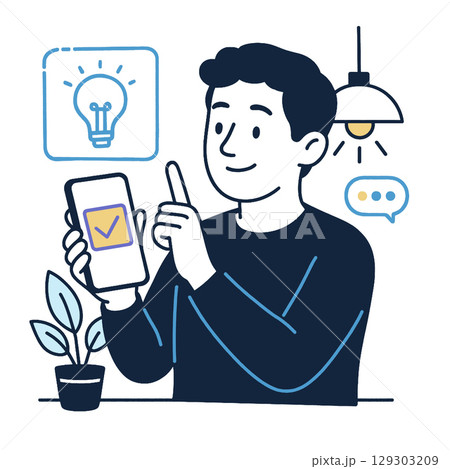 Person holding smartphone with checkmark, surrounded by lightbulb and chat icons, expresses Person holding smartphone with checkmark, surrounded by lightbulb and chat icons, expresses 129303209