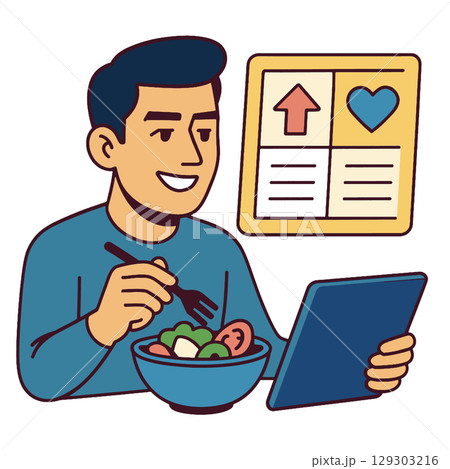 Healthy eating and technology combine as man enjoys salad while using tablet Healthy eating and technology combine as man enjoys salad while using tablet 129303216