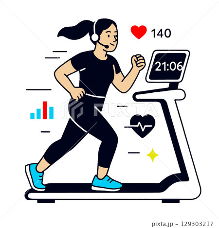 Woman running on treadmill, wearing headphones, with fitness stats displayed 129303217