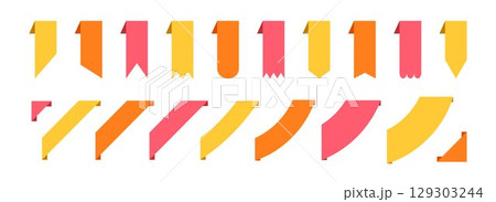 Bookmarks and ribbon banners set. Yellow, orange and red note and mark element collection. Different labels and badges pack for promotion, product decoration, price tag, discount sticker. Vector Bookmarks and ribbon banners set. Yellow, orange and red note and mark element collection. Different labels and badges pack for promotion, product decoration, price tag, discount sticker. Vector 129303244