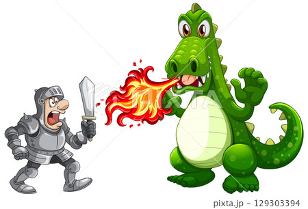 Cartoon Knight Facing Fire-Breathing Green Dragon 129303394