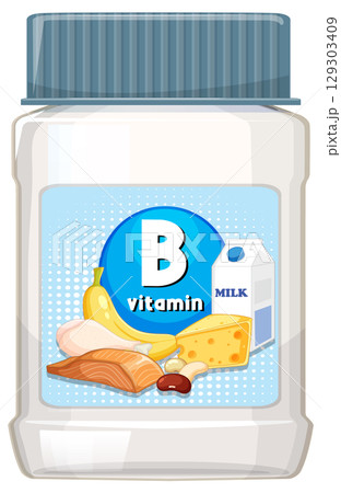 Vitamin B Supplement Bottle with Food Sources Illustration 129303409