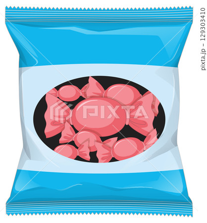 Blue Candy Packet with Wrapped Sweets Illustration Blue Candy Packet with Wrapped Sweets Illustration 129303410