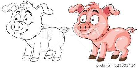 Cute Cartoon Pig in Color and Outline 129303414